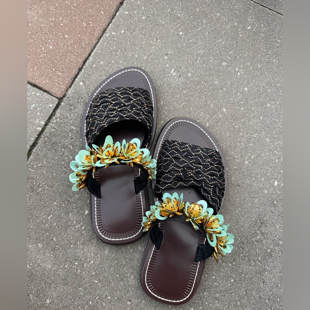 Woven Dual Band Lace Embellished Sandals in Teal & Dark Brown size 37 Brand New - Picture 6 of 7